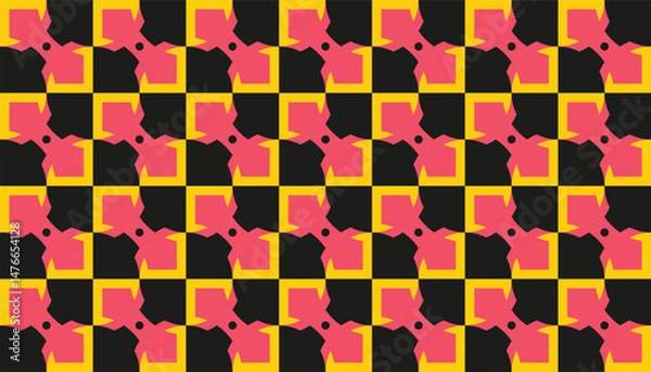 Fototapeta Bold checkered design with asymmetric pink and yellow shapes