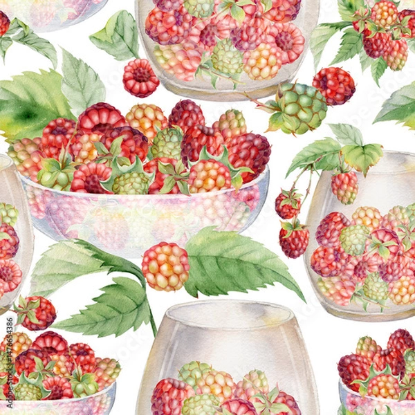 Fototapeta Raspberry with leaves served in glass bowls, hand drawn in watercolor, scattered ripe picked berry harvest. Isolated seamless pattern. Farmers market grocery, home preserves, food crockery packaging