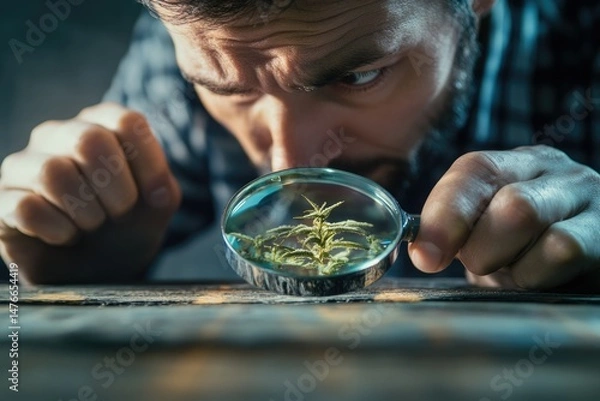 Fototapeta A man intently examines a cannabis plant through a magnifying glass, focusing on its details.