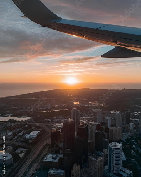 Obraz airplane window, sunrise view, sunset view, city from above, aerial view, airplane wing, golden hour, sky from plane, flying above city, city landscape, travel moment, aviation view, sky scenery, airp