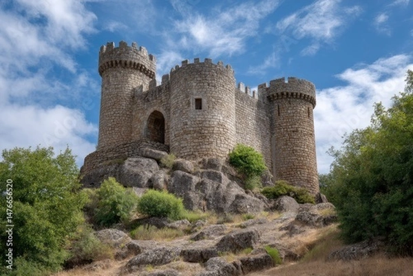 Fototapeta Stone Castle on Hilltop: Majestic Medieval Architecture under Blue Sky