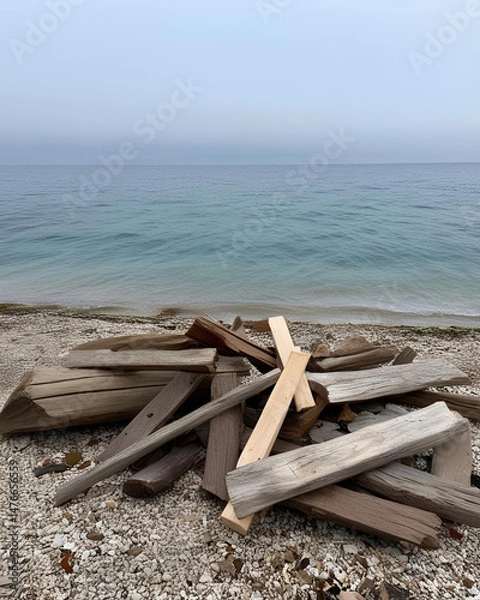 Obraz use of wood waste,wood recycling,wood scraps,wood pieces,wooden debris,wood waste reuse,eco-friendly wood use,wood waste management,wood scraps beach,wooden pieces beach,local beach wood,driftwood,bea