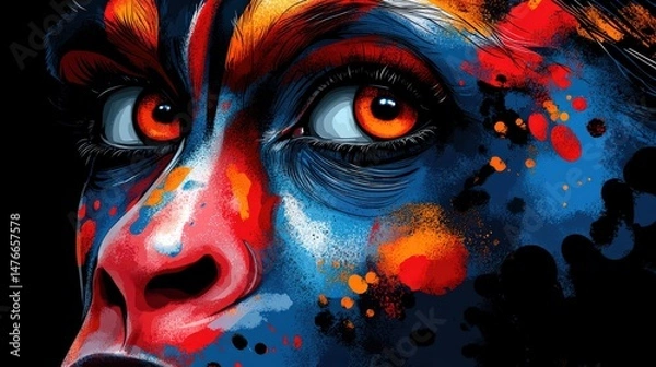 Fototapeta Vibrant artistic close up of face with colorful body paint and striking features