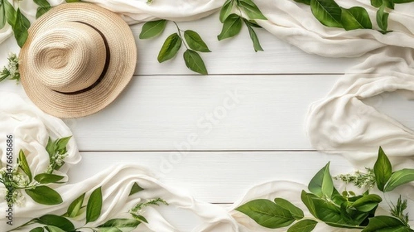 Fototapeta Natural flat lay with straw hat and green leaves over white wooden background