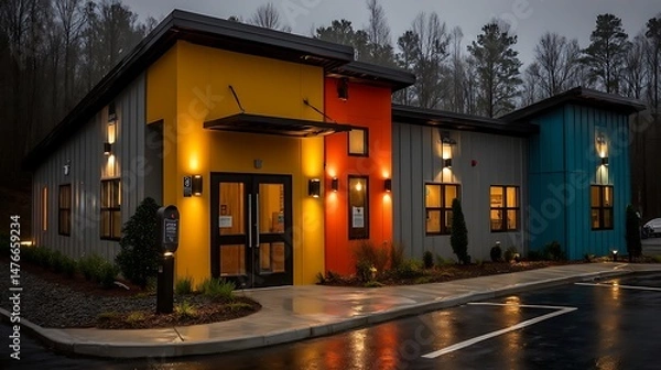 Fototapeta View of structure with colorful vertical panels. The structure has a flat, cantilevered roof. The exterior is lit by sconces. The image includes pavement, planting, and foliage.