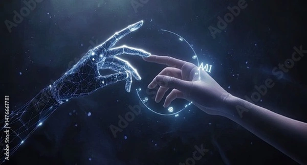 Obraz Two hands, one human, one robotic, reaching towards each other in a futuristic space, illuminated by ethereal light.  Connection of human and artificial intelligence
