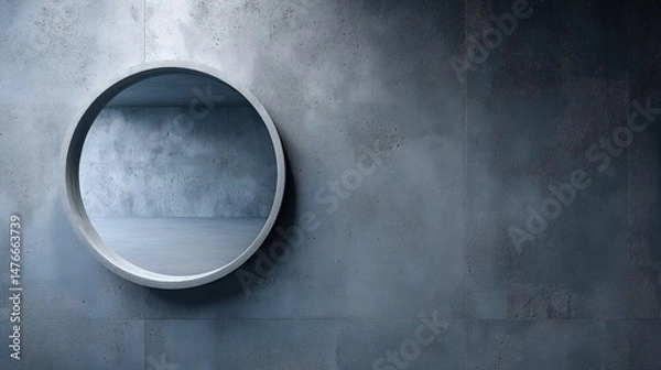 Fototapeta Round Mirror Focus, Circular mirror on textured wall in modern minimalist space
