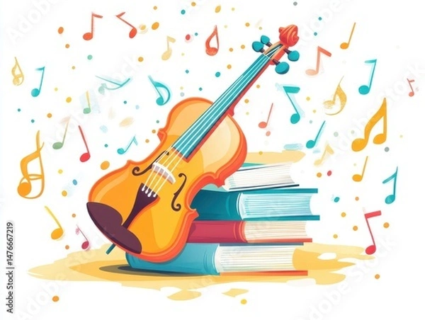 Fototapeta Violin with floating musical notes and stacked books in a vibrant setting.