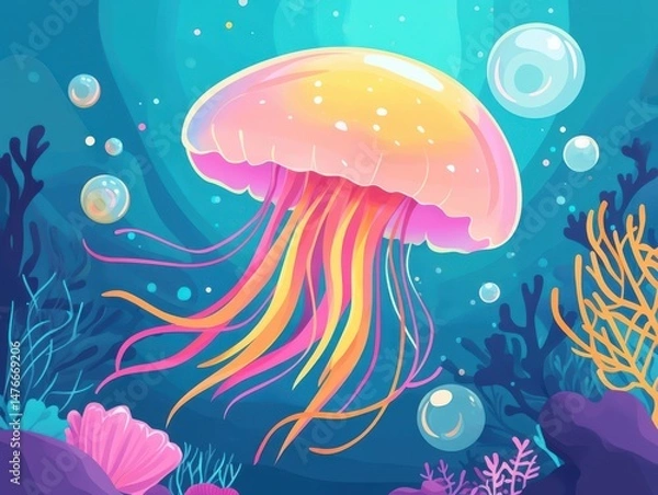 Fototapeta Glowing jellyfish drifting underwater with corals and bubbles.