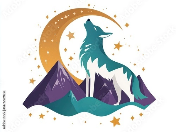 Fototapeta Stylized howling wolf atop mountains with crescent moon and stars.