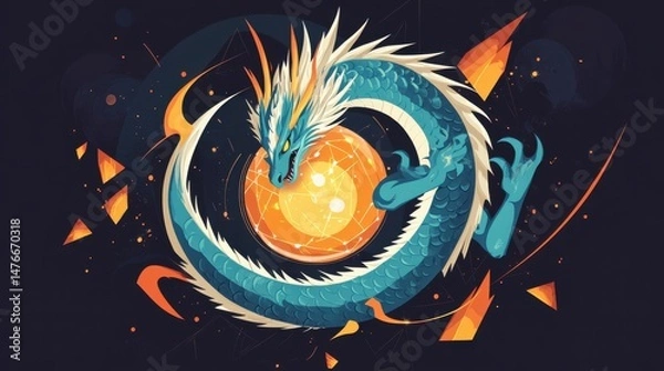 Fototapeta Fiery dragon circling around a glowing orb in a dynamic composition.