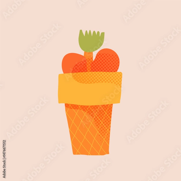 Fototapeta Vector paper cutout flat vase in the form of waffle ice cream cone with abstract flowers bouquet in pastel tones, featuring halftone texture and collage style. Minimalist hand drawn illustration