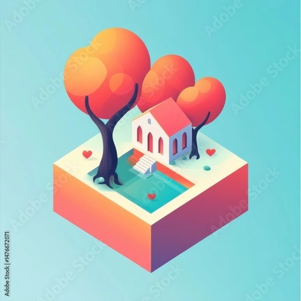 Fototapeta Isometric love-themed miniature island with trees, house, and pool.