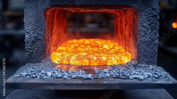 Fototapeta Glowing molten metal through forge opening with fiery embers and textured surface