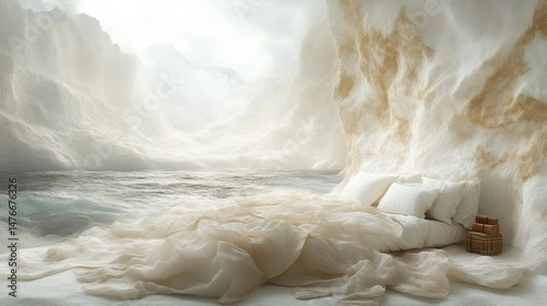 Fototapeta Dreamy bedroom scene with soft textiles and ocean view