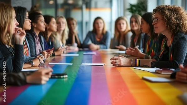 Fototapeta Raised hand in business meeting with rainbow pride flag on table