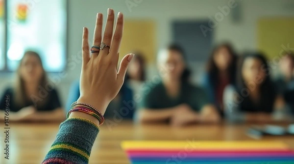 Fototapeta Raised hand in business meeting with rainbow pride flag on table
