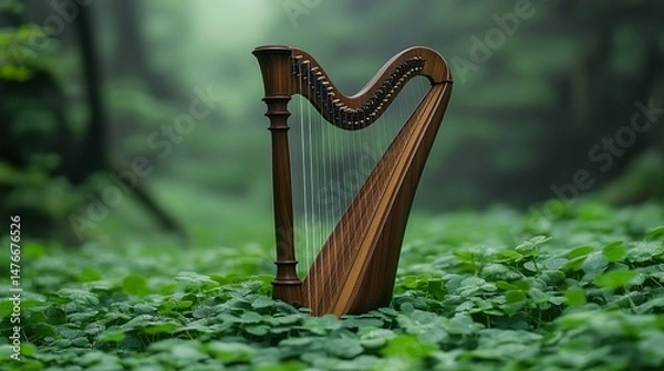 Fototapeta Wooden Celtic harp standing on clover ground in forest