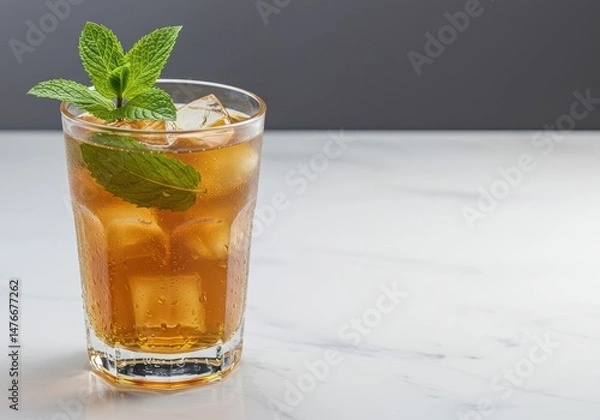 Fototapeta Refreshing Mint Tea Cocktail with Ice Cubes Served in a Clear Glass on a Marble Surface, Perfect Summer Drink for Warm Days and Occasions