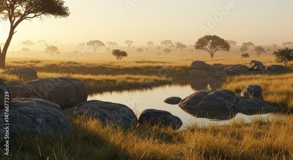 Fototapeta Serene Dawn in Open Savannah with Gentle Water Reflections, Green Grass, and Majestic Acacia Trees under Soft Golden Light