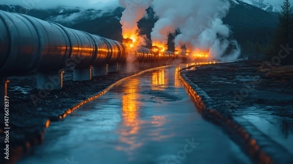 Fototapeta Industrial pipeline under smoke and flames with reflections on water surface