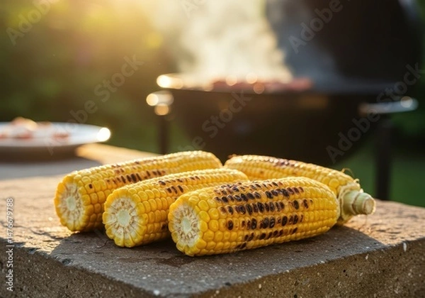 Fototapeta Grilled Corn on the Cob with Smoke in Backyard Barbecue Setting, Summer Evening, Close-Up of Fresh Corn, Cooking Outdoors, Wood and Stone Table