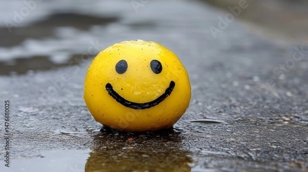 Fototapeta Happy Ball on Wet Ground: A cheerful smiley face ball sits on a wet surface, representing optimism and joy on a rainy day, with water droplets and a sense of tranquility.