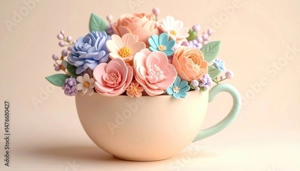 Fototapeta Pastel decorative flower bouquet in elegant teacup on soft beige background