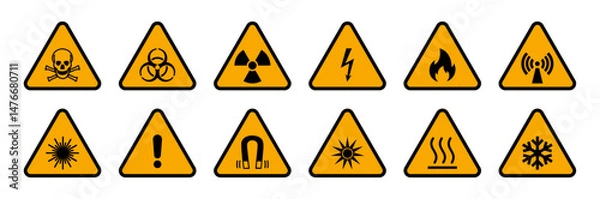 Fototapeta Set of 12 triangular yellow hazard warning signs including toxic, biohazard, radiation, electric shock, fire, EMF, laser, caution, magnet, UV, hot surface, and cold hazard icons.