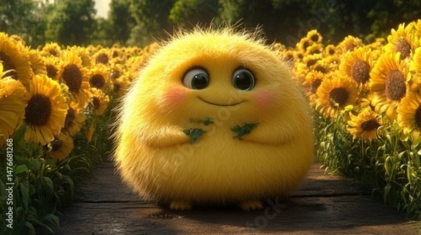 Fototapeta A Sunny Friend in the Sunflower Field: A cute fluffy yellow creature with a cheerful expression, standing amidst a vibrant field of sunflowers, creates a scene filled with joy and positivity.