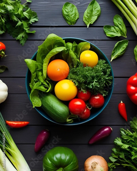 Obraz fresh vegetables, vegetable frame, wooden background, rustic food, top view vegetables, food border, healthy ingredients, organic produce, farm fresh, flat lay, cooking background, wooden table, veget