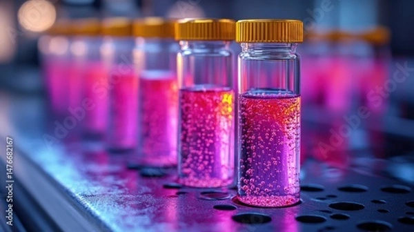 Fototapeta Vials of colorful liquid in laboratory setting with vibrant lighting effects