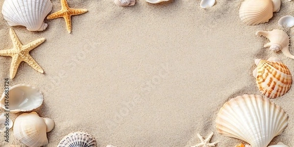 Fototapeta 
Top view of a sandy beach with exotic seashells and starfish as natural textured background for aesthetic summer design. A sandy beach with a collection of exotic seashells and starfish

