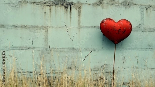 Fototapeta Red Heart's Romantic whisper : A striking red heart blooms against a weathered, textured backdrop, evoking a sense of enduring love and rustic charm.