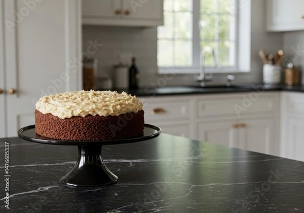 Fototapeta Delicious chocolate cake with creamy frosting displayed on a black marble countertop in a modern kitchen setting, showcasing elegant home baking decor