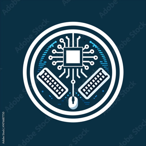 Fototapeta A central processing unit connected to keyboards and a mouse symbolizing technology's integration into property management and real estate processes