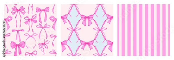 Fototapeta Ribbon Bow Coquette Seamless Pattern Set. Hand-Drawn Feminine Pink Backgrounds with Soft Stripes and garland of bows. Romantic Design. Perfect for a Lovely and Whimsical Valentine’s Day Backdrop