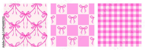 Fototapeta Ribbon Bow Coquette Seamless Pattern Set. Pink Hand-Drawn Feminine Checkered Pattern  Backgrounds with garland of bows. Romantic Design. Perfect for a Lovely and Whimsical Valentines Day Backdrop