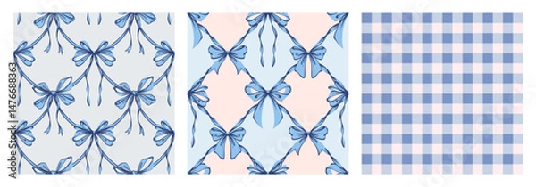Fototapeta Ribbon Bow Coquette Seamless Pattern Set. Blue Hand-Drawn Feminine Checkered Pattern  Backgrounds with garland of bows. Romantic Design. Perfect for a Lovely and Whimsical Valentines Day Backdrop