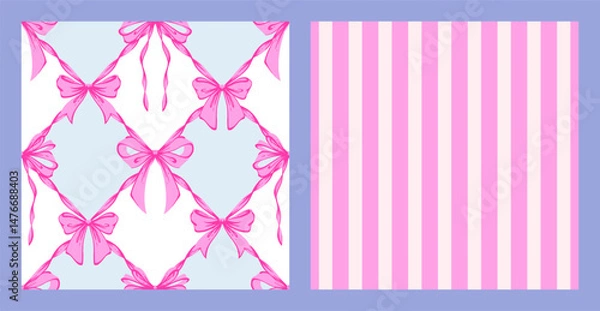 Fototapeta Ribbon Bow Coquette Seamless Pattern Set. Hand-Drawn Feminine Pink and Blue Backgrounds with Soft Stripes and garland of bows. Romantic Design. Perfect for Lovely and Whimsical Valentines Day Backdrop