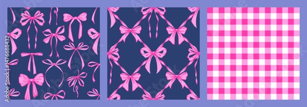 Fototapeta Ribbon Bow Coquette Seamless Pattern Set. Purple Hand-Drawn Feminine Lattice Checkered Pattern Backgrounds with garland of bows. Romantic Design. Perfect for Lovely, Whimsical Valentines Day Backdrop