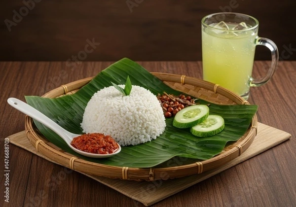Fototapeta Freshly Served Traditional Rice Dish with Spicy Sauce, Sliced Cucumbers, and Refreshing Drink in Rustic Presentation on Wooden Table