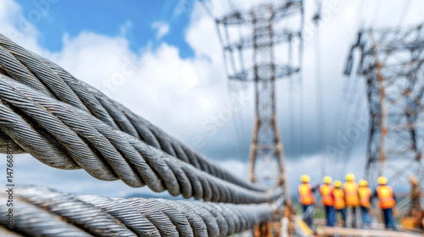 Fototapeta High-voltage powerlines and workers in safety gear at construction site
