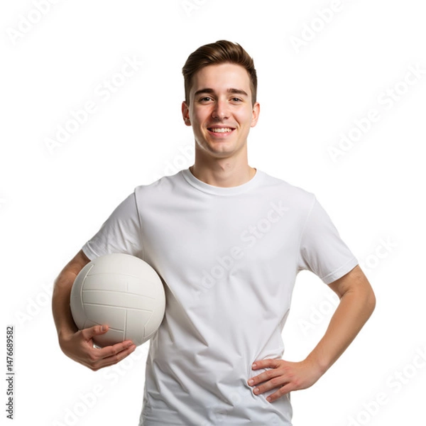 Obraz Young volleyball player wearing white shirt and smiling, isolated on transparent background