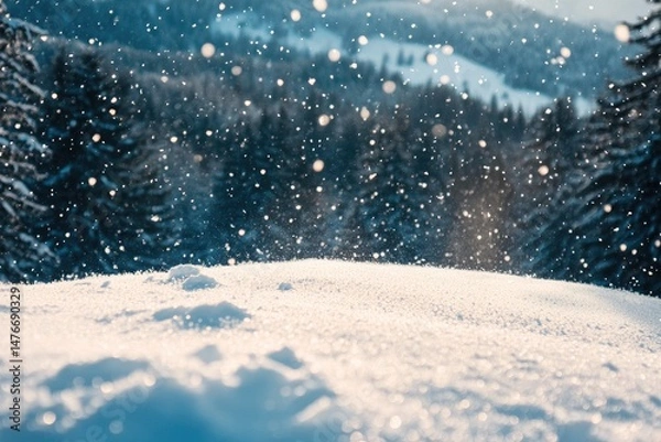 Fototapeta Snow-covered mountain landscape with falling snow.  Fresh snowfall blankets a mountaintop, with a soft focus on the snow-covered terrain and pine trees in the background. 