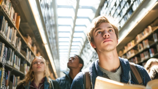 Fototapeta Diverse young adults exploring library with books and backpacks