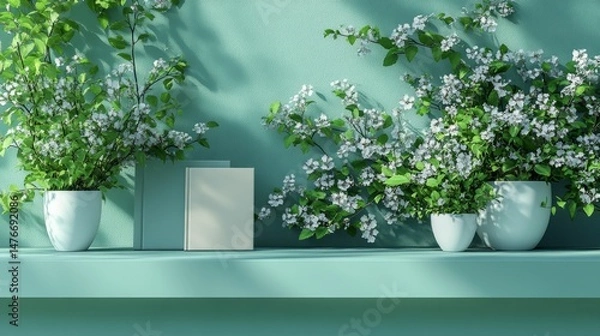 Fototapeta Botanical Serenity: Blooming white flowers and lush green plants in elegant pots create a tranquil atmosphere with shadows against a teal backdrop.
