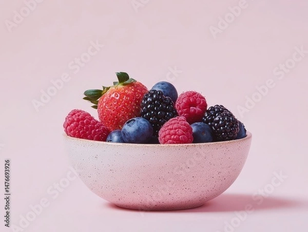 Obraz Mixed Berries in a Shallow Bowl With Pastel Backdrop and Light