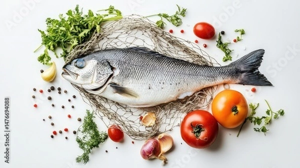 Obraz Fresh Cod Fillet Nestled With Vegetables on a White Background