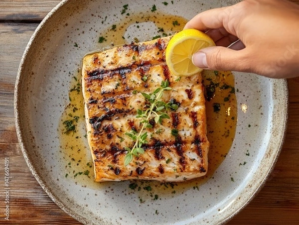 Obraz Grilled Swordfish With Char Marks and Lemon Garnish in Rustic Setting